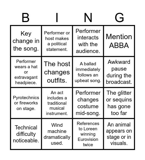 Eurovision Bingo 2024 Bingo Card