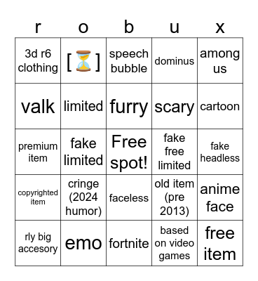 Roblox catalog bingo Card