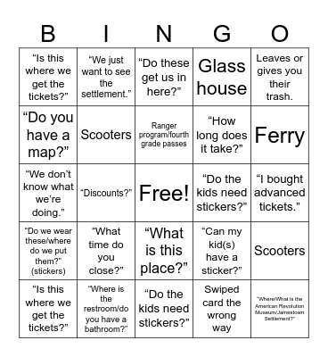 Visitor Services Bingo Card