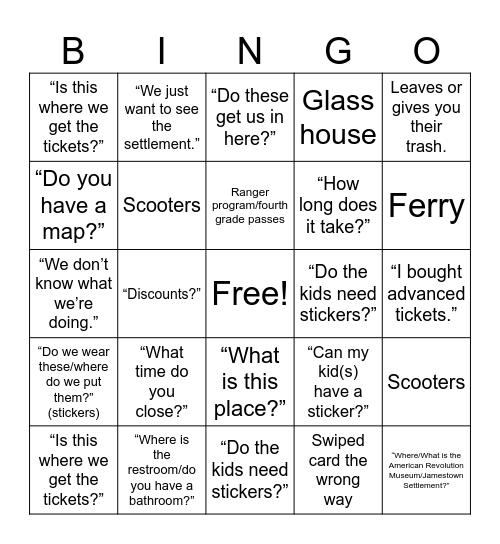 Visitor Services Bingo Card