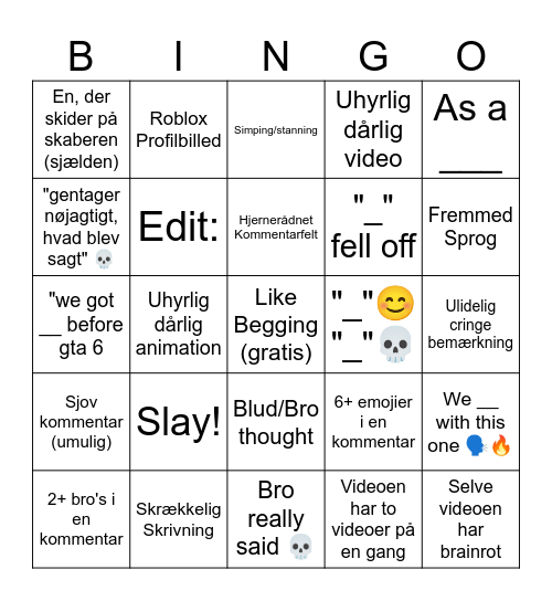 min udgave af yt shorts bingo Card