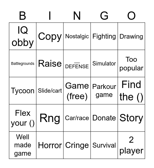Roblox game bingo Card