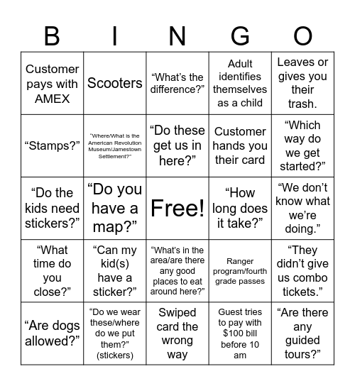 Visitor Services Bingo Card