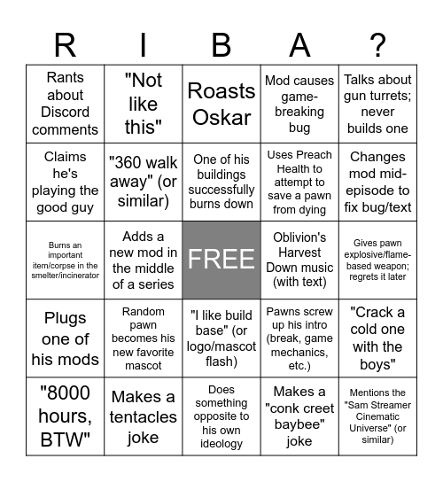 Mr. Sam Streamer RimWorld Bingo! Bingo Card