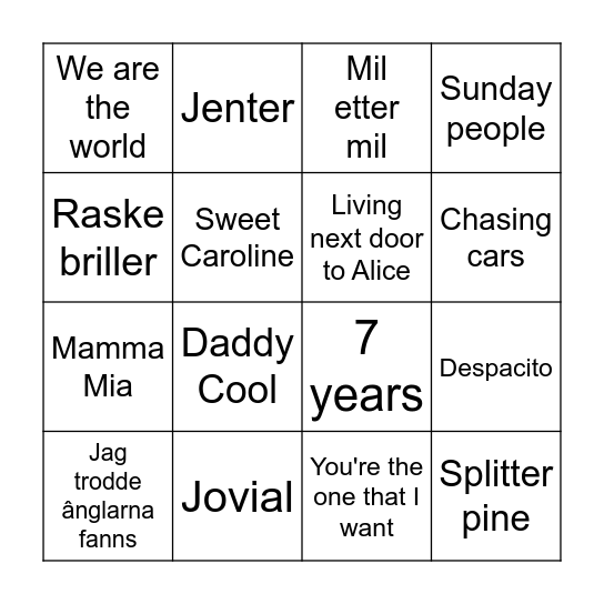 Musikkbingo Card