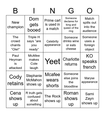 WWE Backlash 2024 Bingo Card