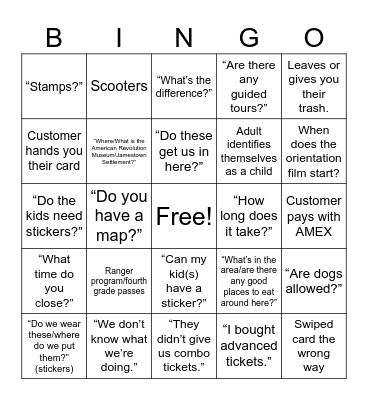 Visitor Services Bingo Card