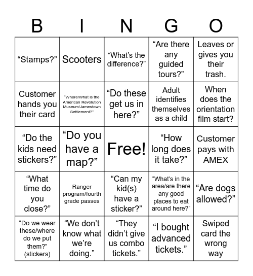 Visitor Services Bingo Card