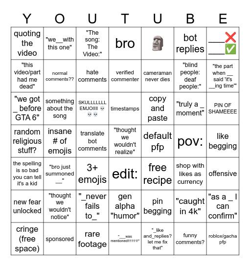 YouTube Comment Section Bingo Card