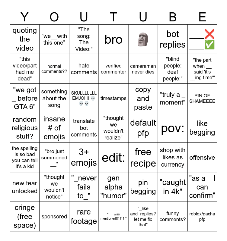 YouTube Comment Section Bingo Card