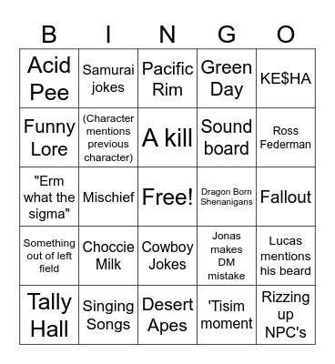 Jonas' DND Bingo Card
