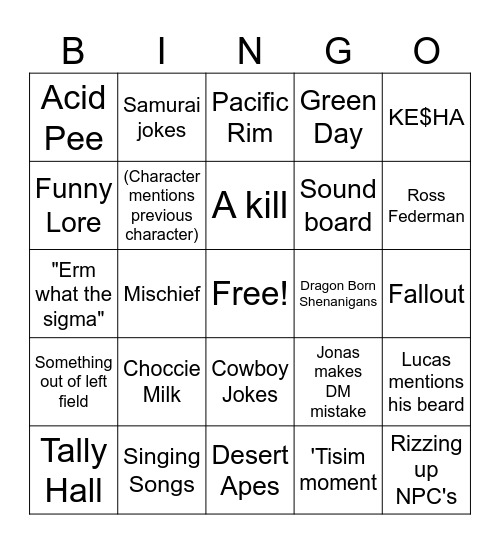 Jonas' DND Bingo Card