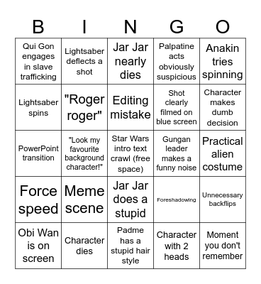 The Phantom Menace Bingo Card