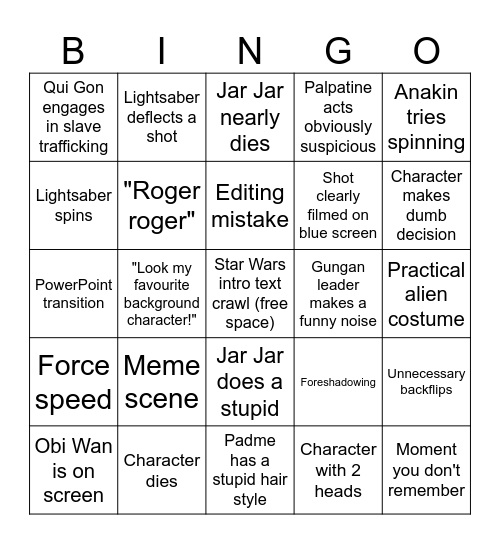 The Phantom Menace Bingo Card