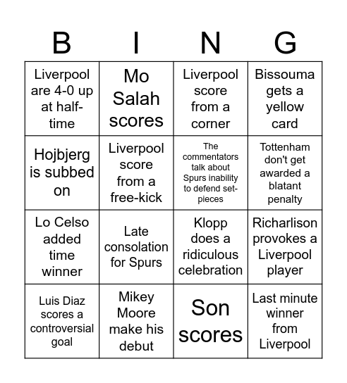 Liverpool v Tottenham Bingo Card