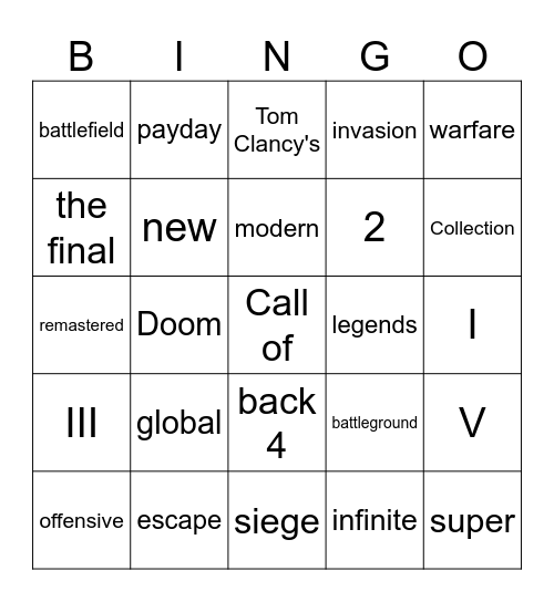 New FPS videogame Bingo Card