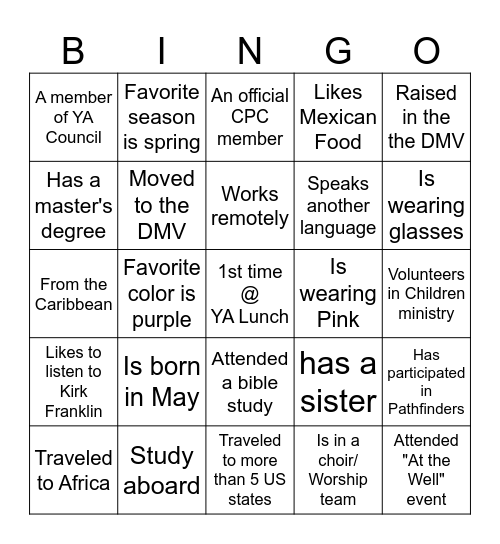 Young Adults Find Someone Who... Bingo Card