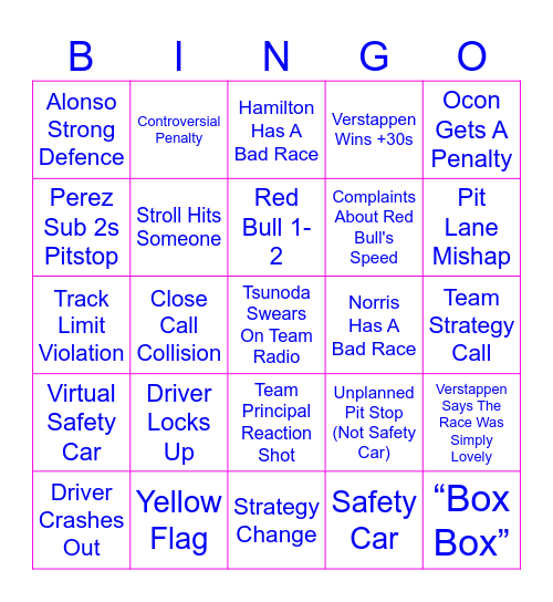 Miami Grand Prix Bingo Card