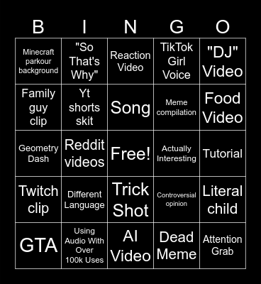 YT Shorts Bingo Extended Bingo Card