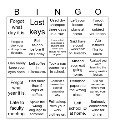 Tired Teacher Bingo Card