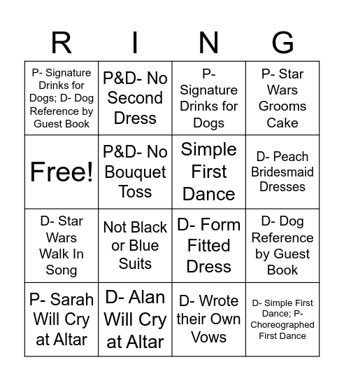 Sarah and Alan’s Wedding Bingo Card