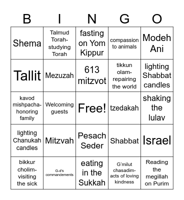 Mitzvot Bingo Card