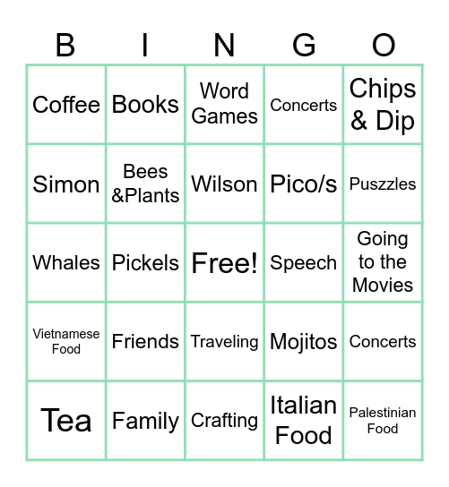 Alia's Favorite Things Bingo Card