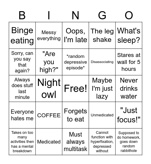 Adhd Bingo Card