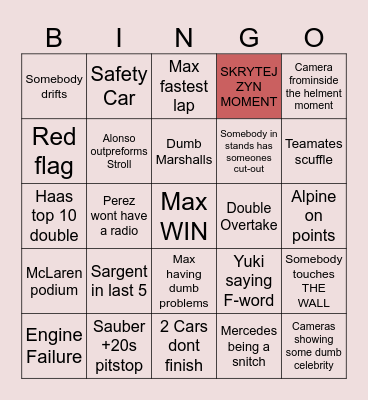 F1 Miami 24 Bingo Card