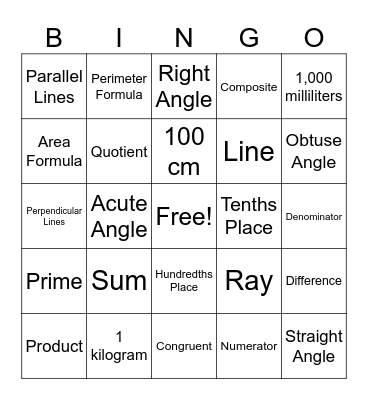 4th Grade Math Vocabulary Bingo Card