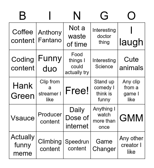 Youtube's card Bingo Card