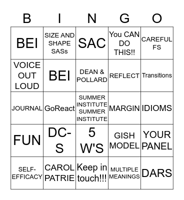 SUMMER INSTITUTE Bingo Card