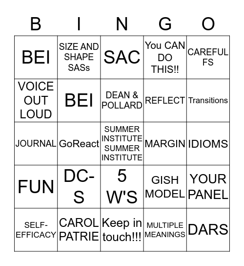 SUMMER INSTITUTE Bingo Card