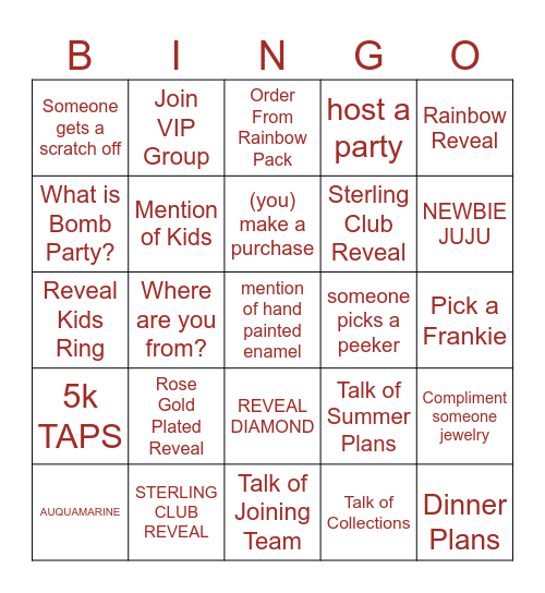 Ring Bomb Party Bingo Card