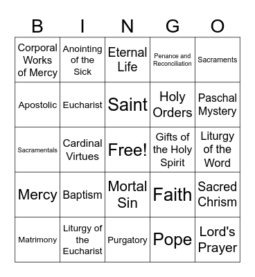 End of Year BINGO - 5th Grade Religious Ed! Bingo Card