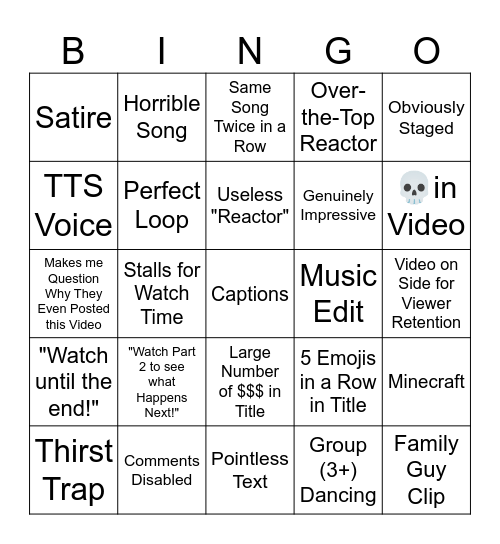 YouTube Shorts Bingo Card