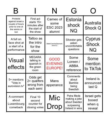 EUROVISION 2024 - FIRST SEMIFINAL Bingo Card