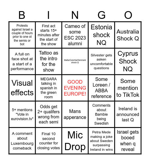 EUROVISION 2024 - FIRST SEMIFINAL Bingo Card