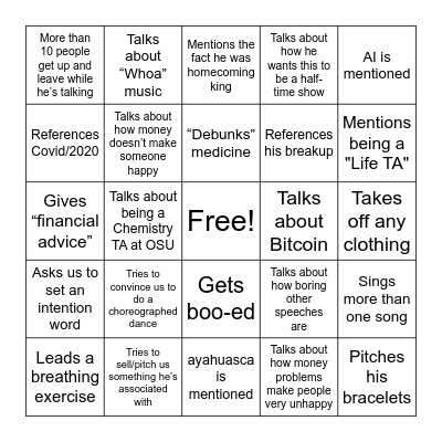 Commencement Speaker Bingo 2024 Bingo Card