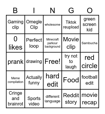 YouTube shorts Bingo Card