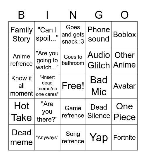 My friend Bingo Card