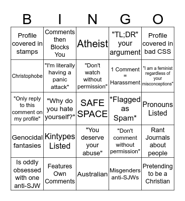 DeviantArt SJW Bingo Card