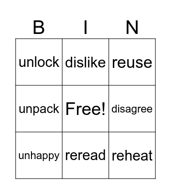 Prefix Phonics Bingo Card