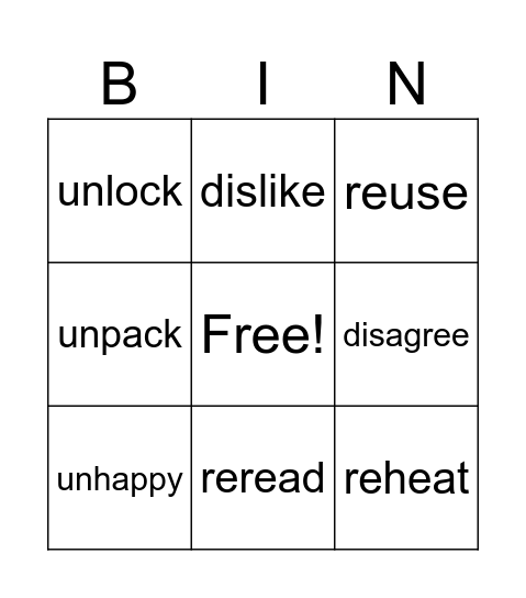 Prefix Phonics Bingo Card