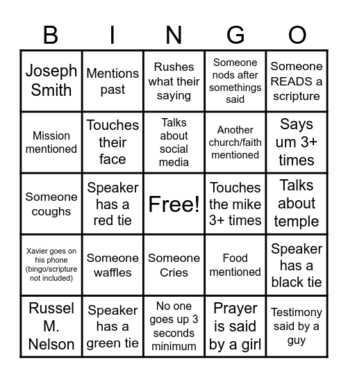 Xavier Bingo Card