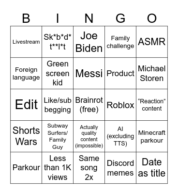 YT Shorts Bingo Card