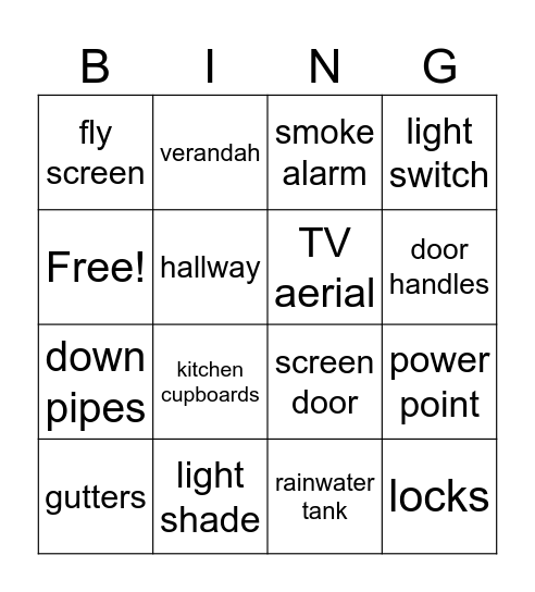 Parts of a House Bingo Card