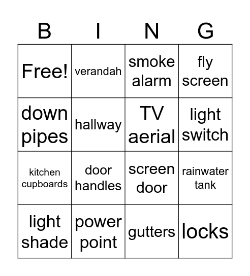 Parts of a House Bingo Card