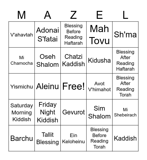 Shabbat Morning MAZEL Bingo Card