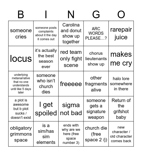 rvb bingo Card